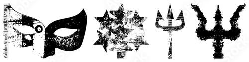 Grunge Styled Mask, Star, Trident Symbols in Black and White Vector Set
