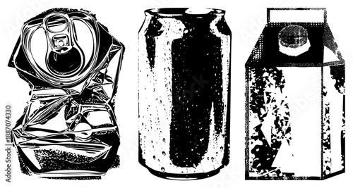 Crumpled Soda Can, Standing Can, and Milk Carton in Bold Halftone Vector Illustration