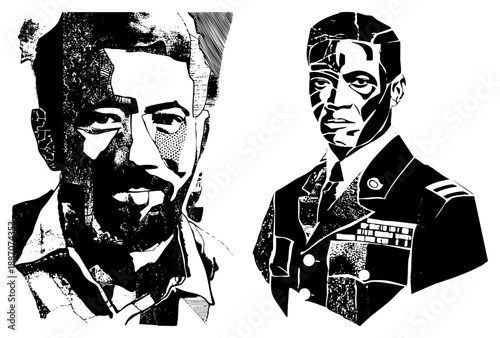 Two Halftone Portrait Busts in Bold Black and White Vector Style