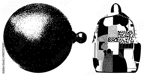 Halftone Backpack and Coffee Cup Vector Illustration