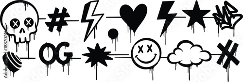 Graffiti-style black and white icons with a dripping effect, including skull, hashtag, lightning, heart, star, smiley face, and OG.