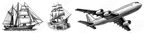 Vintage Sailboat and Modern Jet Aircraft Vector Illustrations