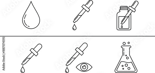 Set of science and medical icons including a water drop, dropper, bottle, and laboratory flask.