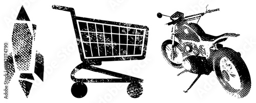 , Shopping Cart, and Motorcycle in Halftone Vector Style