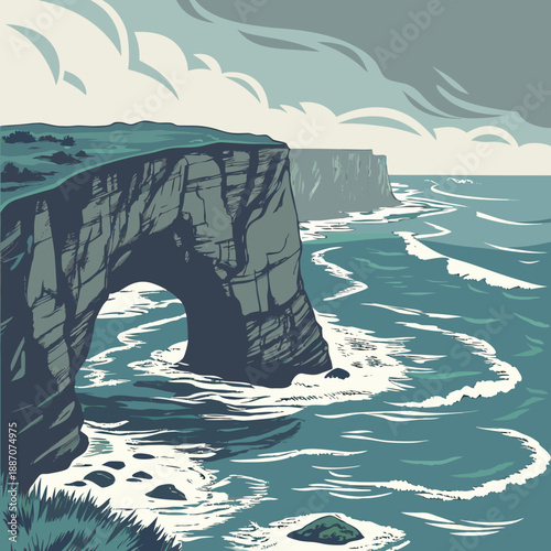 Dramatic Cliff Arch Over Ocean Vector Illustration