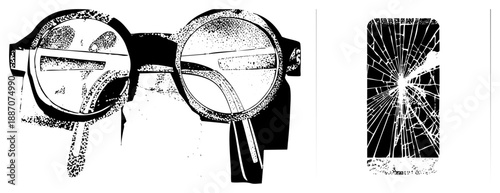 Broken Smartphone Screen with Crack and Vintage Glasses Cutout