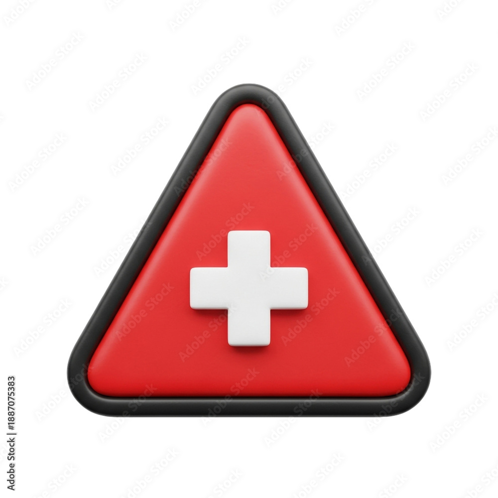 Obraz premium Red warning triangle with a white medical cross, symbolizing health alert, emergency, or medical information sign.
