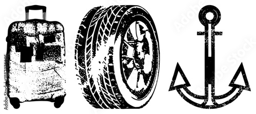 Vintage Travel Suitcase, Rugged Tire, and Nautical Anchor