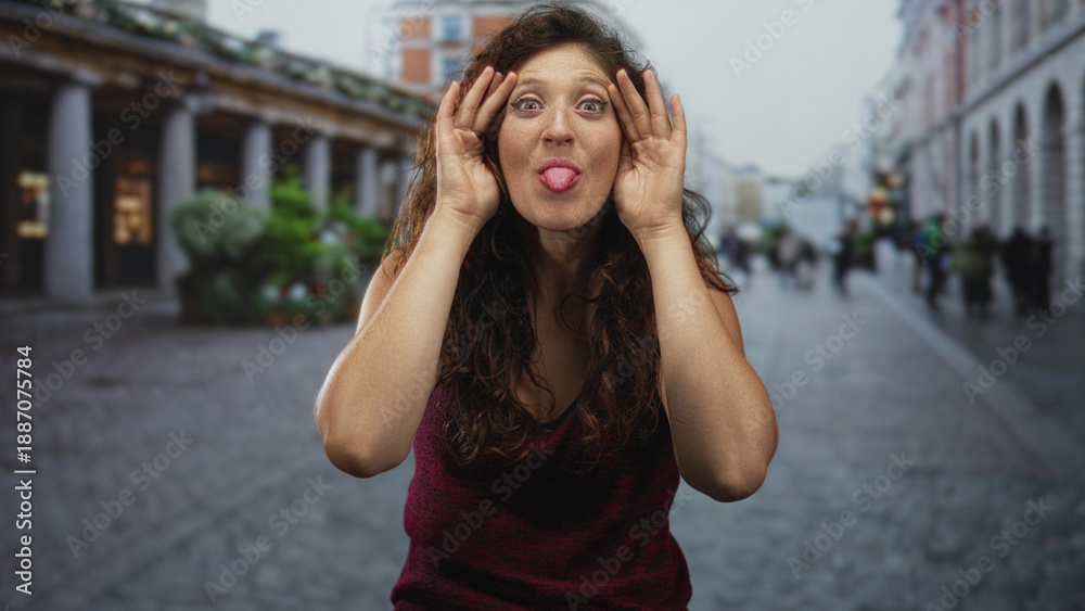 Fototapeta premium Young hispanic woman laughing with hands to face and covering eyes on a crowded cobbled street beside a colonnade of shops; joy playful surprise.
