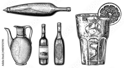 Vintage Wine Bottle, Pitcher, Cocktail Glass with Ice and Citrus Slice