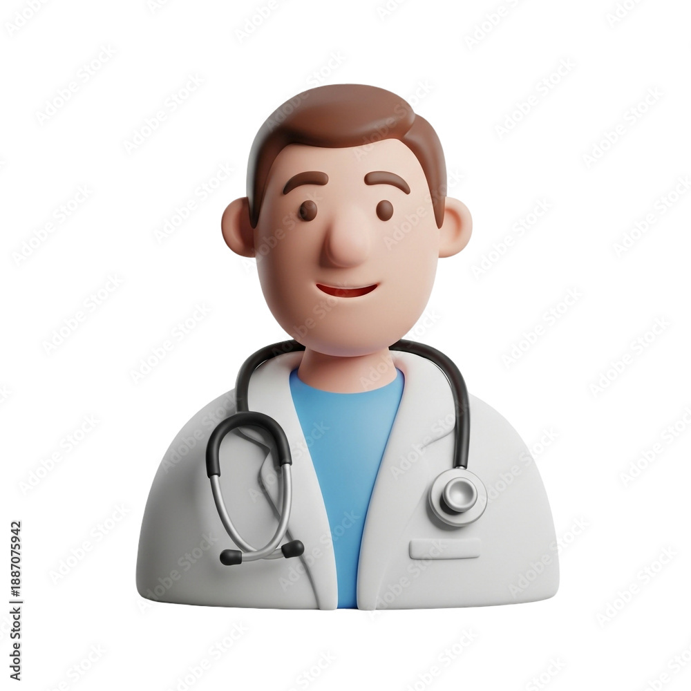 Fototapeta premium Friendly 3D cartoon doctor with stethoscope, representing healthcare, medicine, medical professionals, or health services.