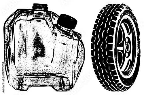 Vintage Fuel Can and Off Road Tire Vector Illustration