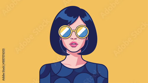 Stylish woman with short dark hair and large round sunglasses.