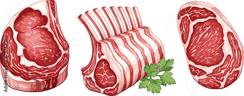 Raw Beef Steak And Lamb Rack Meat Cuts Illustration Set Fresh Butcher Shop Protein Food Vector Design