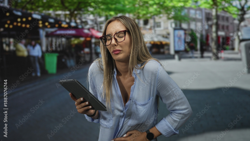 Fototapeta premium Woman holding tablet, hand on lower back for backache on street near cafes and trees; discomfort busy day.