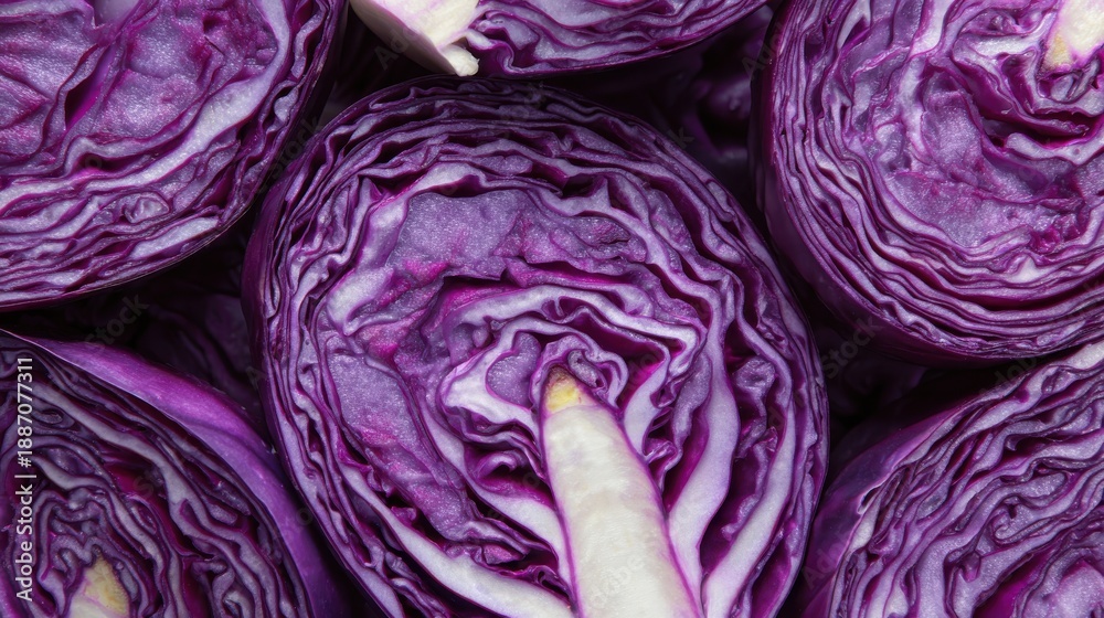 Obraz premium Top View Close-up of Halved Red Cabbage Heads with Intricate Patterns
