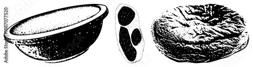 Vintage Halftone Illustration of Bowl, Bean, and Bagel in Black and White