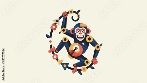 Stylized Monkey Illustration with Floral Accents.