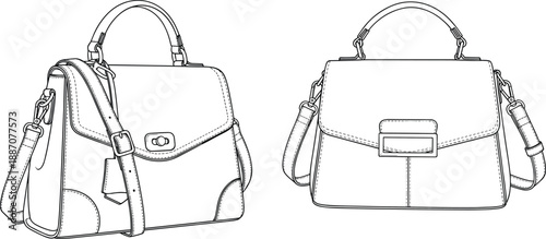 Print  
Fashion technical illustration of women’s handbags front and back view, flap closure, top handle, detachable shoulder strap, buckle detail, stitching lines and accessory design