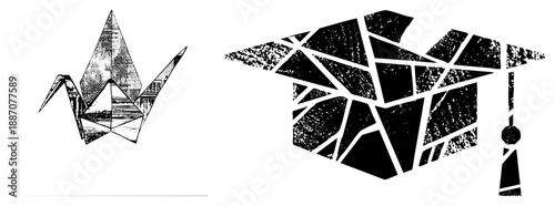 Origami Crane and Graduation Cap in Halftone Vector Design