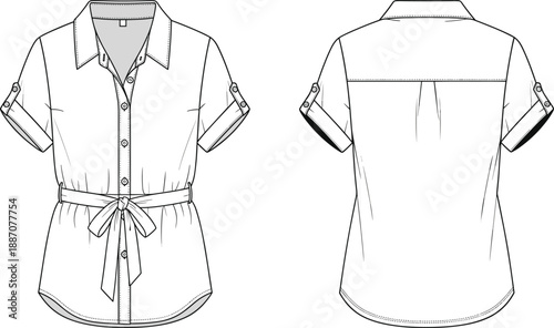 PrintWomen's Short Sleeve Button Down Shirt Technical Flat Sketch Vector Mockup with Tie Waist Belt and Roll Up Sleeves Front and Back View Template