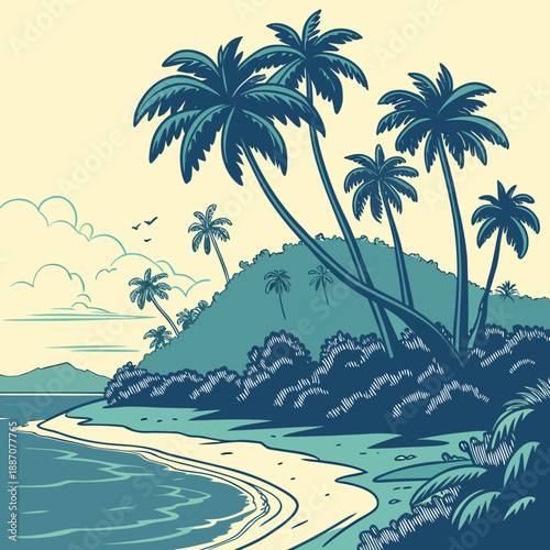 Tropical Island Paradise with Palm Trees and Sandy Shoreline