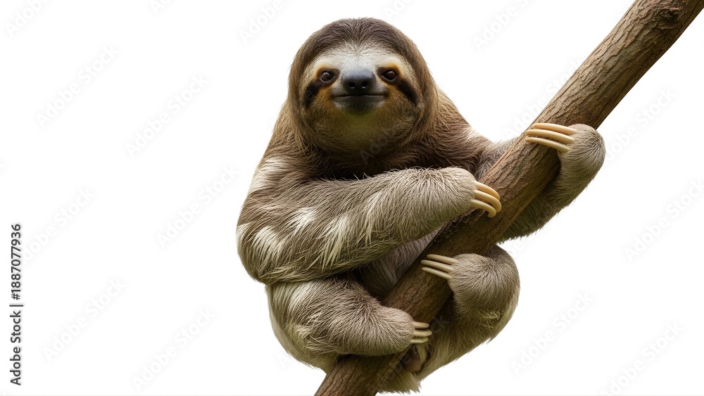 Obraz premium A sloth is hanging on a tree branch with a calm expression on transparent background