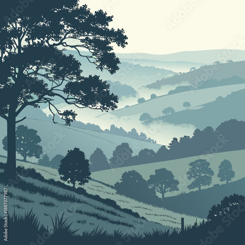 Morning mist rolling over a peaceful valley, atmospheric illustration