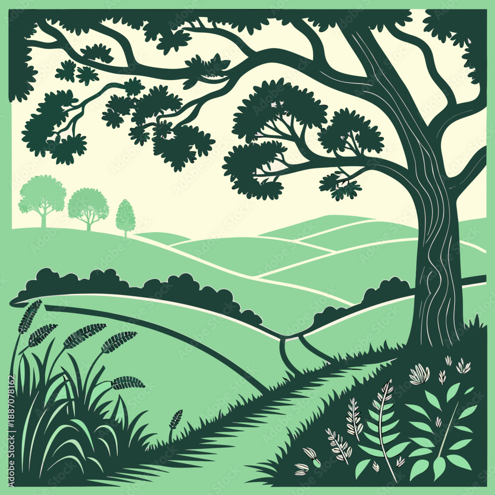 Obraz premium Paper Cut Style Landscape: Clean Flat Vector Illustration