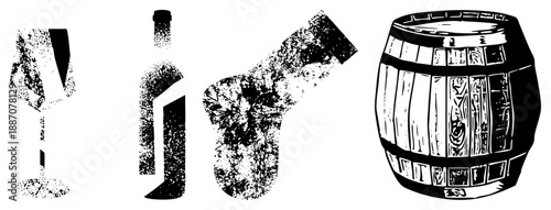 Wine Glass Bottle Cork Barrel Set in Halftone Vector Illustration