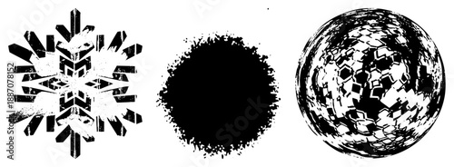 Stylized Snowflake, Ink Splatter Circle, and Fragmented Sphere Vector Set