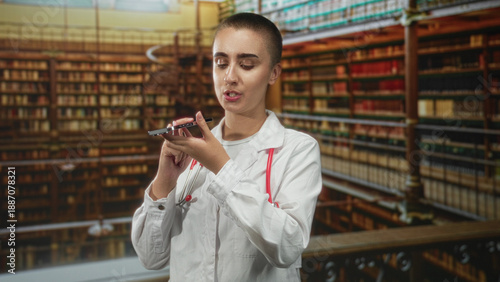 Фотография Woman doctor holding smartphone to mouth, speaking and gesturing with hand while wearing stethoscope and white coat in library; concentration