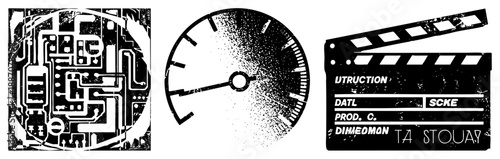 Vintage Film Clapperboard, Circuit Board, and Speedometer Vector