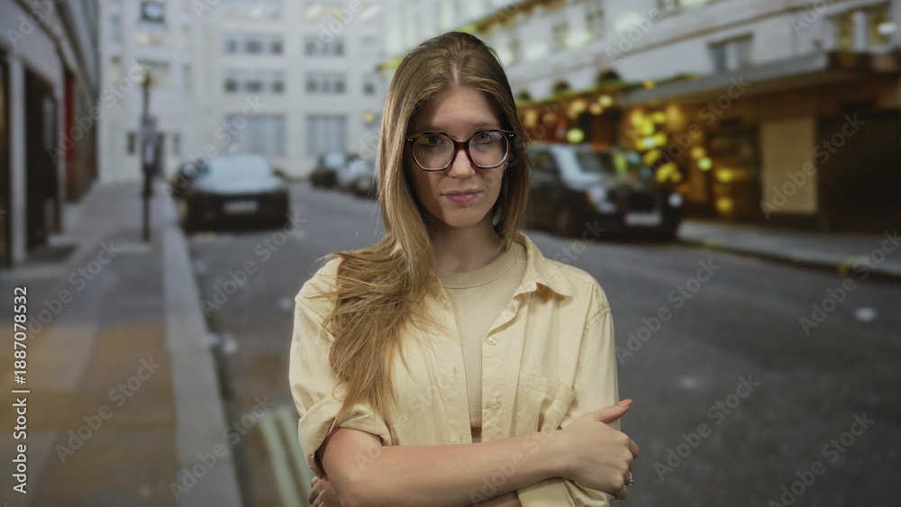 Fototapeta premium Blonde woman in glasses yawns with hand on neck on street under soft evening lights amid blurred cars; fatigue.