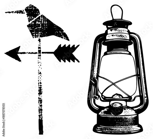 Vintage Wind Vane and Oil Lantern Set with Distressed Texture