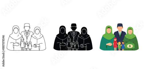 Families in Different Cultural Attires and Settings Vector Set in Three Styles — Line Art, Silhouette and Color Version for Islamic Design, App UI, Posters and Branding