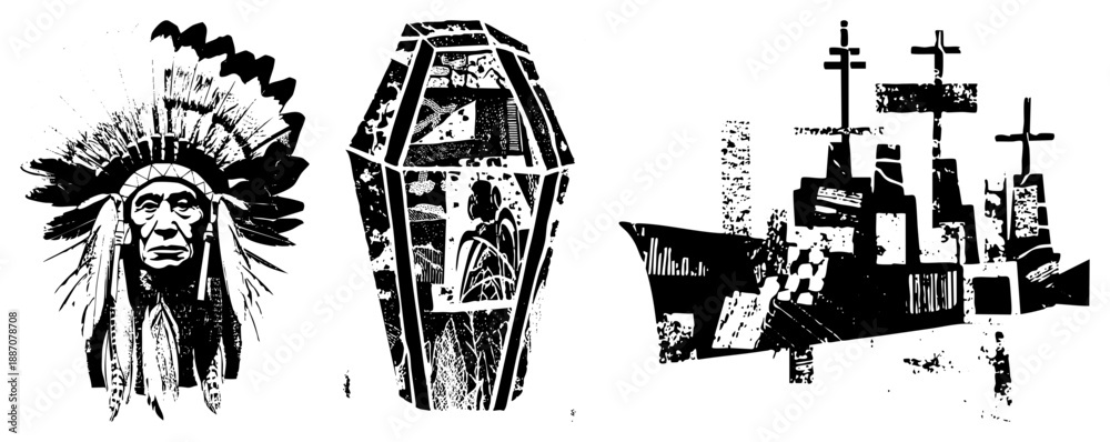 Fototapeta premium Native American Chief with Feathered Headdress, Coffin with Portrait, Warship Silhouettes