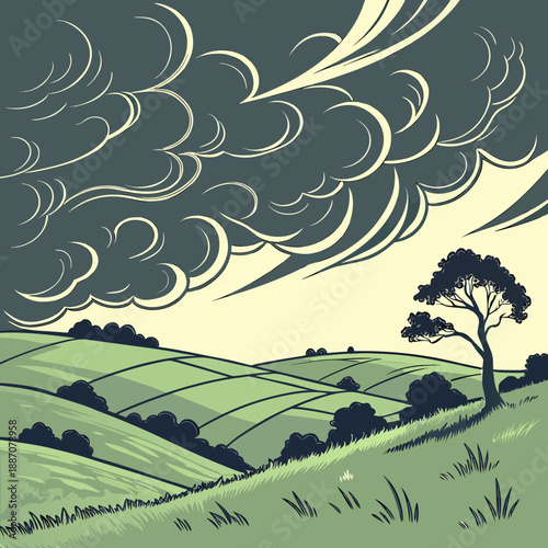 Stylized Stormy Sky Over Rolling Hills Vector