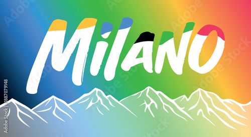 Milano in Italian, snow-capped mountains and Olympic colors (vector)