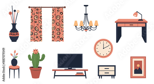 A comprehensive collection of modern home furniture and decor items for interior design, including a desk, TV, and chandelier.