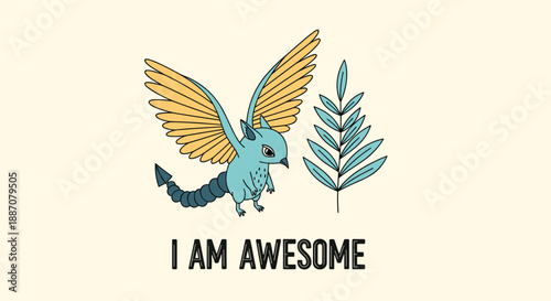 An adorable mythical winged creature stands next to a plant with the motivational phrase I AM AWESOME written below it in black.