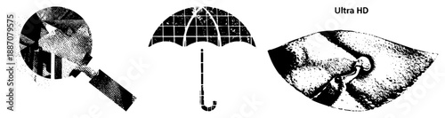 Magnifying Glass, Umbrella, and Earphone in Halftone Vector Style