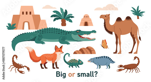 An educational game for kids called Big or small with a collection of desert animals like a camel, crocodile, fox, and scorpion.