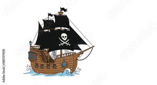 A cartoon pirate ship with black sails and a jolly roger flag sailing on the ocean waves, with copy space on the right side.