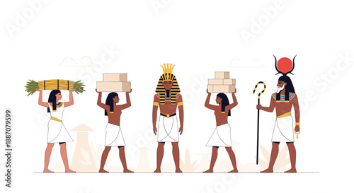 An ancient egyptian scene showing a pharaoh and the god Ra, with people bringing offerings of crops and stone to their leaders.