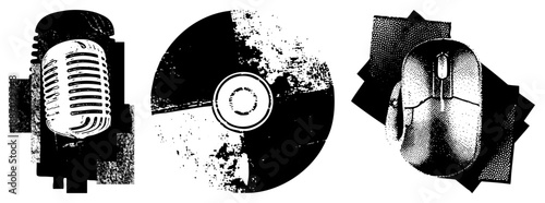 Vintage Microphone, CD, and Computer Mouse in Halftone Vector Set