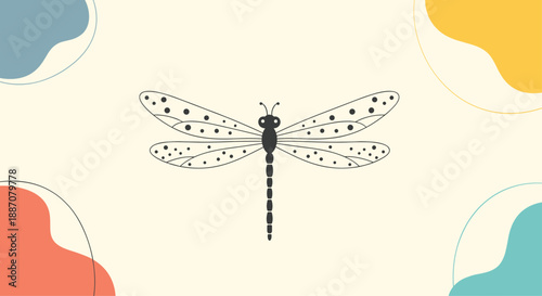 A minimalist black and white line art illustration of a dragonfly with dotted wings on a beige background with colorful blobs.