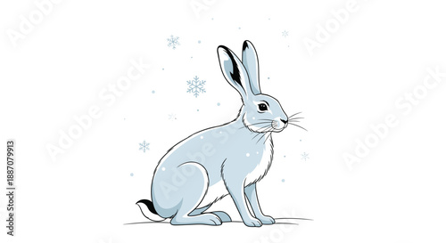 A beautiful and realistic illustration of a white arctic hare sitting in the snow with delicate snowflakes falling all around it.