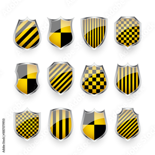 Glossy shields with yellow and black pattern. Security and protection concept. Cyber safety icons, internet privacy, web defense, digital data protection and antivirus themes. Vector illustration