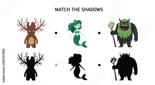 A children's educational matching game with cute mythical creatures and their corresponding shadows, including a mermaid and troll.
